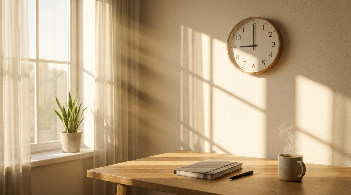 A table bathed in morning light with a clock showing 9 o'clock