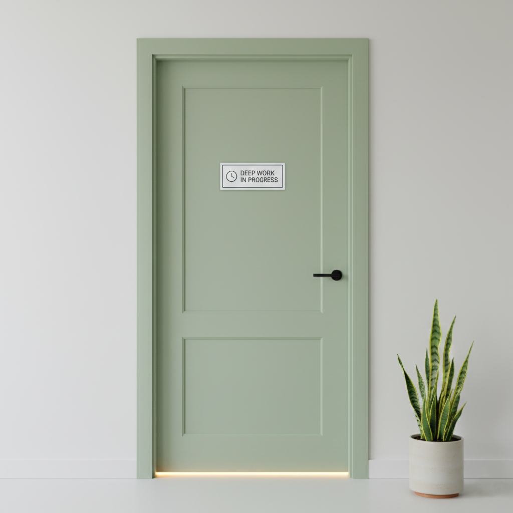 A closed door with a sign that reads Deep Work in Progress