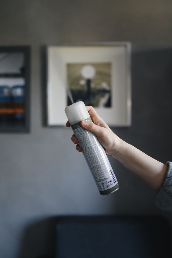 A person holding an aerosol spray can inside a room with framed art on the wall.