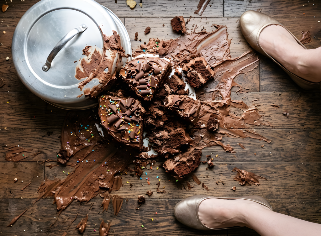 Image of a chocolate cake that has been accidentally dropped on the floor, illustrating that things do often go wrong when hosting a dinner party or entertaining